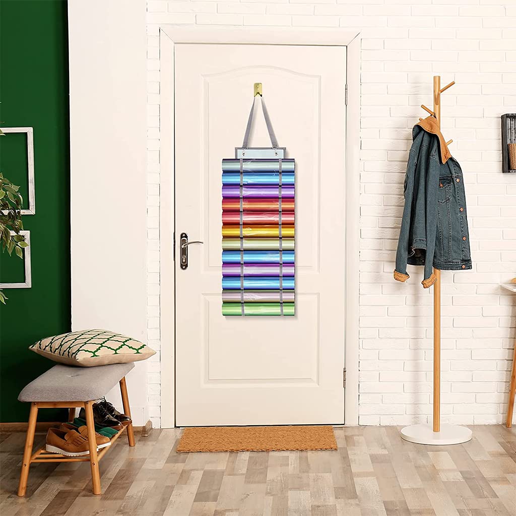 HASTHIP Vinyl Roll Holder with 12 Compartments Wall Hanging, 2 Hooks and 1 Hanging Strap, Clear Vinyl Organizers Holder Wall Mount for Home Craft Closet Wall Door, 67cmX22cm (Grey) HASTHIP Vinyl Roll Holder with 12 Compartments Wall Hanging, 2 Hooks and 1 Hanging Strap, Clear Vinyl Organizers Holder Wall Mount for Home Craft Closet Wall Door, 67cmX22cm (Grey)